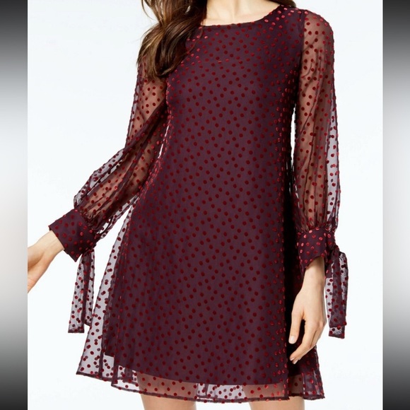 Taylor Dresses & Skirts - Taylor Burgundy Maroon Red Polka Velvet Dot Long Sleeve Shift Dress